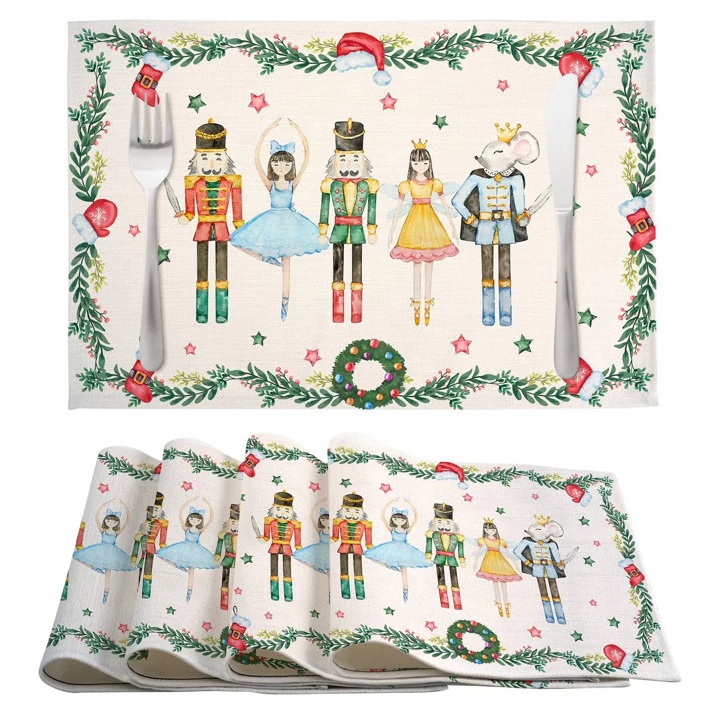 Christmas Placemats Set of 4 12×18 Inch Xmas Linen Fabric Table Mats for Party Kitchen Dining Decoration