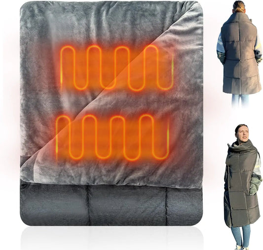 FlyfreeU Portable USB Heated Blanket 3 Heat Settings Wearable Heated Blanket Throw 3 Hrs Auto Off Overheat Protection Soft USB Heating Blanket Wrap Machine Washable Grey (Battery Pack Not Included)
