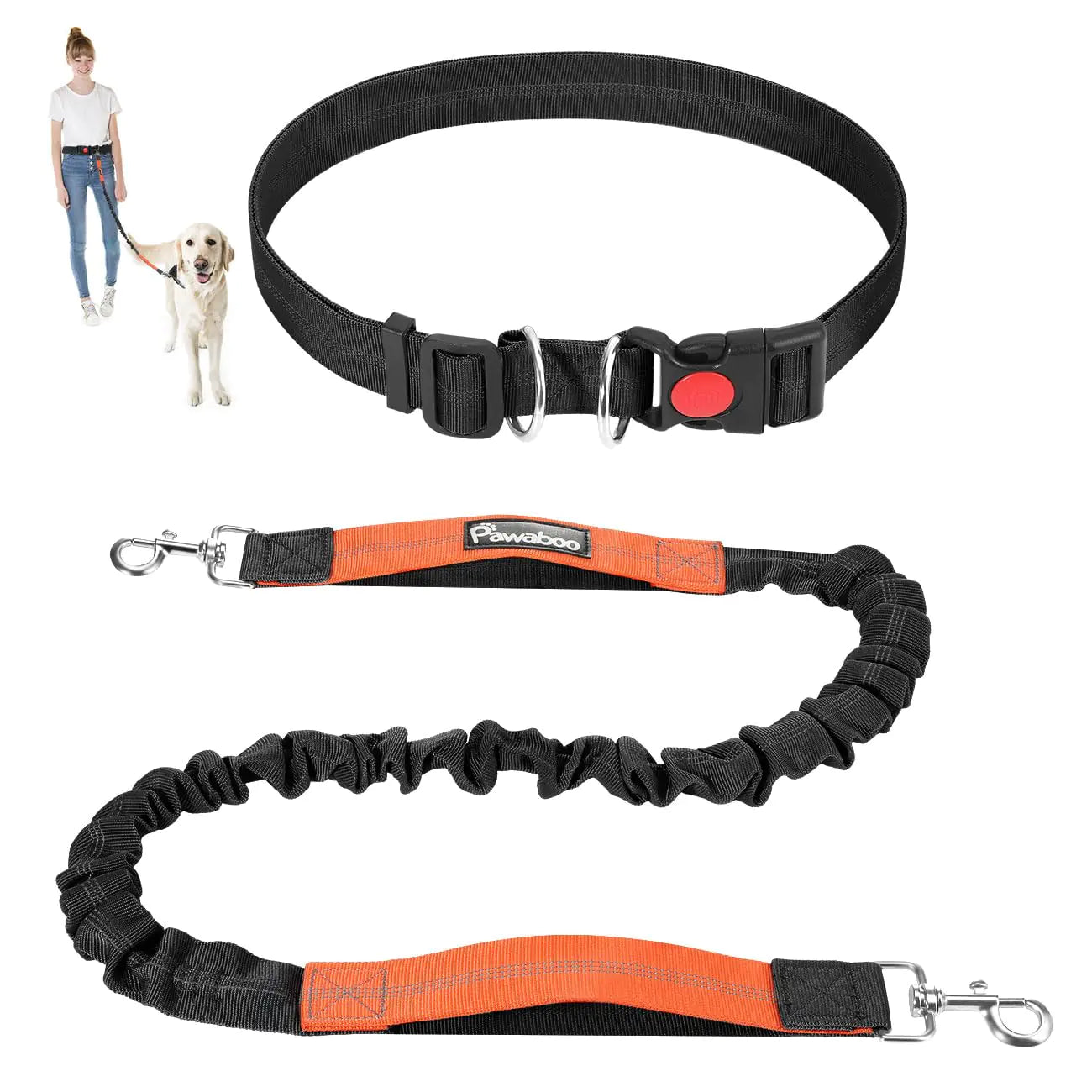 Pawaboo Hands Free Dog Leash with Waist Belt A Great Waist Leash for Dog Walking Double Handle Bungee Leash with Reflective Stitching & Adjustable Dog Walking Belt for Walking Hiking Running Black