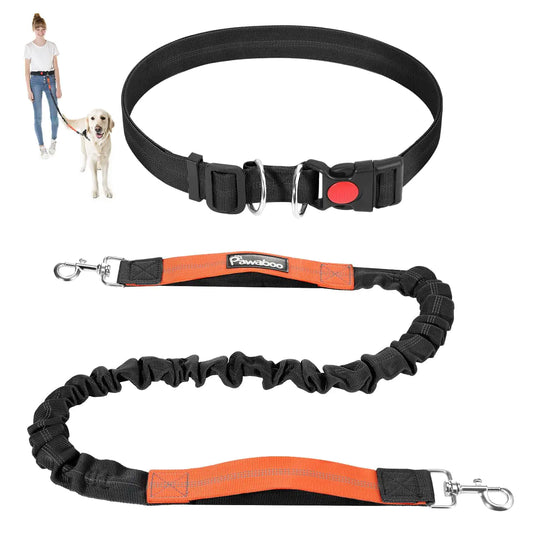 Pawaboo Hands Free Dog Leash with Waist Belt A Great Waist Leash for Dog Walking Double Handle Bungee Leash with Reflective Stitching & Adjustable Dog Walking Belt for Walking Hiking Running Black