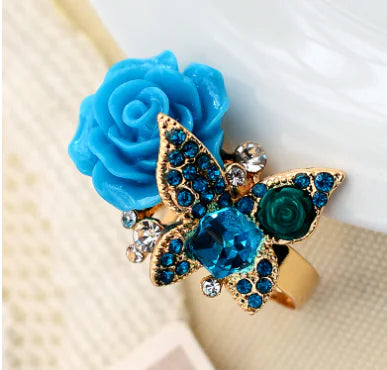 Full Diamond Crystal Rose Flower Ring