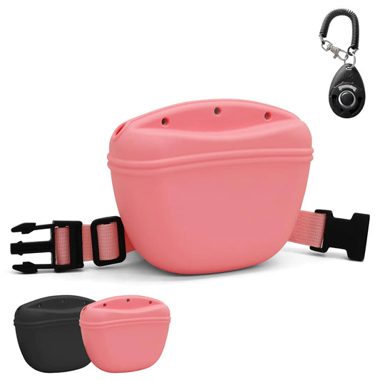 SnugMaker Dog Treat Pouch with 3 Magnetic Buckle Closing Silicone Upgrade Dog Treat Bag with Waist Belt Waist Clip and Training Clicker Treat Pouches for Pet Training Walking - Pink