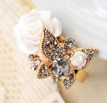 Full Diamond Crystal Rose Flower Ring